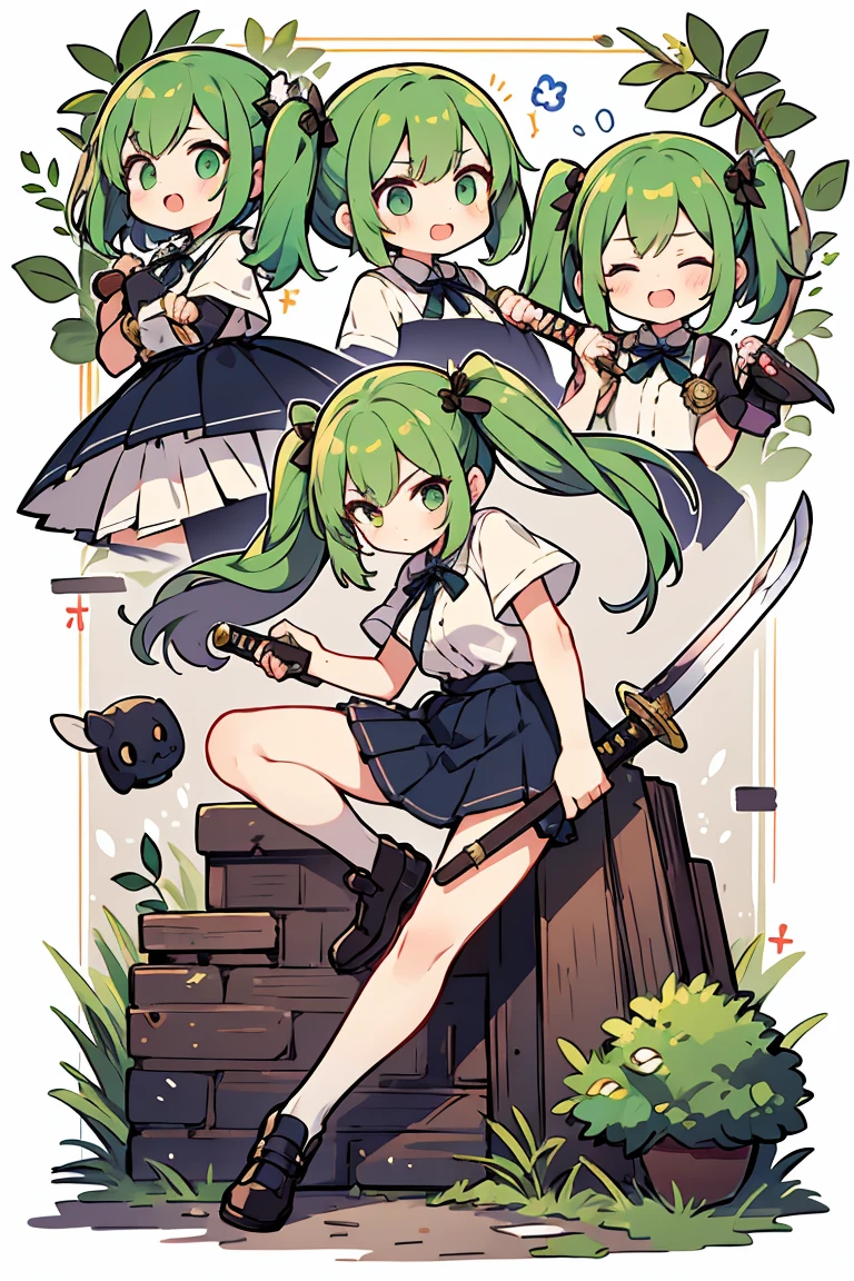 Full Body Lesbian、Character portrait、cute背景、One Girl、Green Hair、Low twin tails、Double knot、masterpiece、Highest quality、Best image quality、Swordsman、Holding a sword、cute、Pleated skirt、Thief Skirt、sheath、