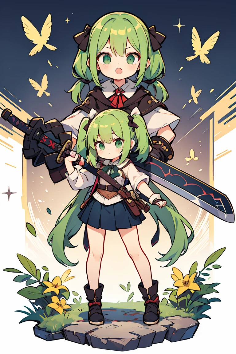 Full Body Lesbian、Character portrait、cute背景、One Girl、Green Hair、Low twin tails、Double knot、masterpiece、Highest quality、Best image quality、Swordsman、Holding a sword、cute、Pleated skirt、Thief Skirt、sheath、