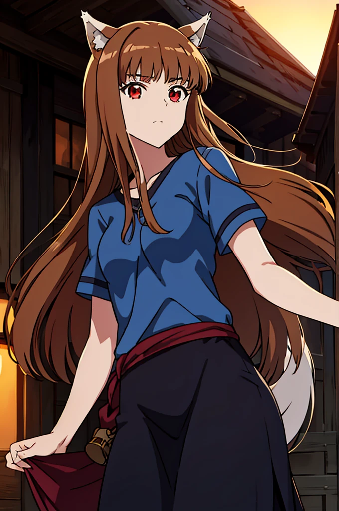 (masterpiece:1.3), (best quality:1.1), (8k, ultra detailed, ultra high res:1.2), (anime style:1.1), (perfect 5 fingers:1.1), perfect anatomy, 
1girl, wolf girl, 
holo, 
BREAK long hair, wolf ears, fuffy hair in the ears, 
brown hair, 
red eyes, BREAK blue T-shirt, brown skirt, long skirt, 
small breasts,   
BREAK looking at viewer, 
cowboy shot, 
standing, 
perfect light, 
outdoor, outside, city, cityscape, (village:1.3), 