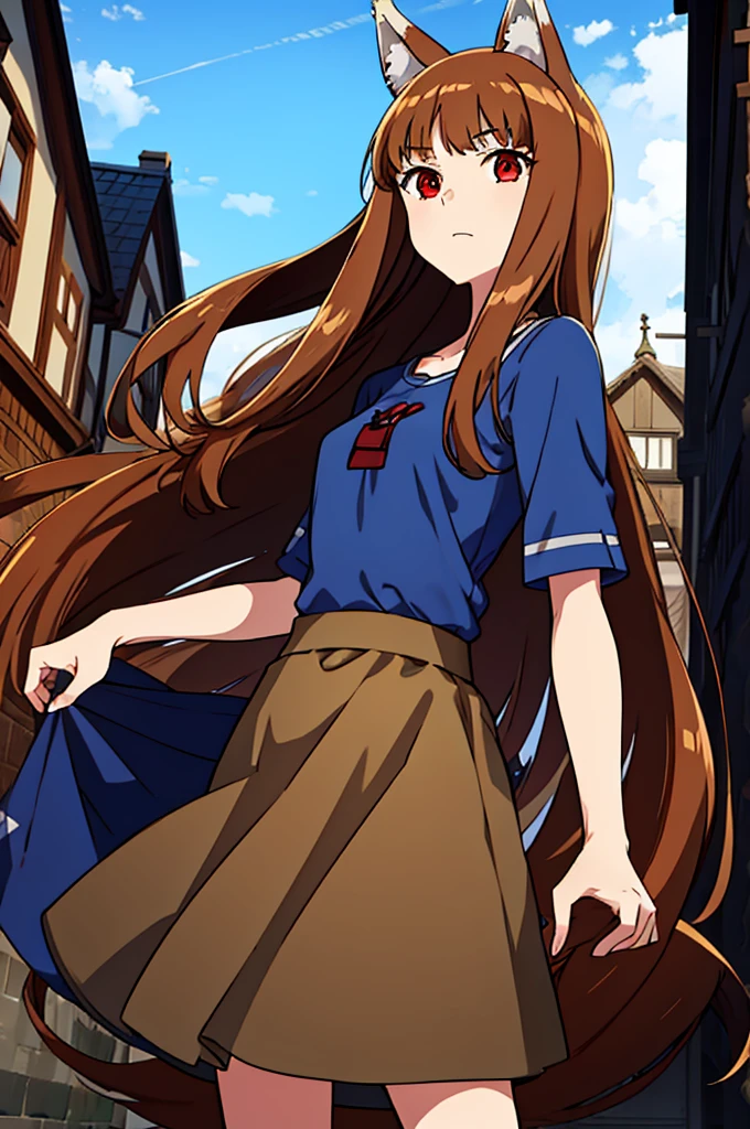 (masterpiece:1.3), (best quality:1.1), (8k, ultra detailed, ultra high res:1.2), (anime style:1.1), (perfect 5 fingers:1.1), perfect anatomy, 
1girl, wolf girl, 
holo, 
BREAK long hair, wolf ears, fuffy hair in the ears, 
brown hair, 
red eyes, BREAK blue T-shirt, brown skirt, long skirt, 
small breasts,   
BREAK looking at viewer, 
cowboy shot, 
standing, 
perfect light, 
outdoor, outside, city, cityscape, (village:1.3), 