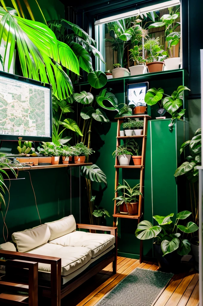 Create a image of "A 18 years anime boy sitting in front of a computer desk with a microphone and laptop, wearing green and red hoodie with the Channel Name on it "BKSTORY". The background includes DIFFERENT TYPES OF ANIMALS AND JUNGLE on the wall, potted plants on either side.