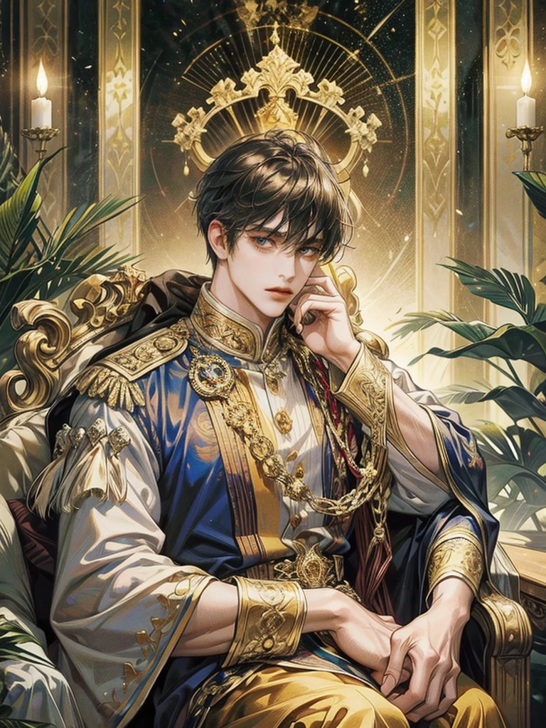 Tarot cards, Extremely high detail, A painting of a man sitting on a throne surrounded by people.., the an emperor of mankind, an emperor, King of AI Art, god of wealth, Known an emperor of the Universe, ( ( King of AI Art ) ), Image of the an emperor of Humanity, sitting on a golden throne, sitting on a golden throne, Poseidon, ancient god, high detail background, Thai art