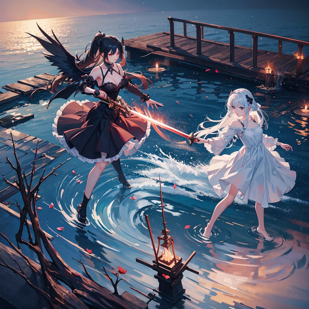 1 dark angel dancing on the lake, flowers and sword, splashed water, dimaond, smoke, lolita long dress, rage, bloody, 8k, hd, unreal engine, dreamy, romantic