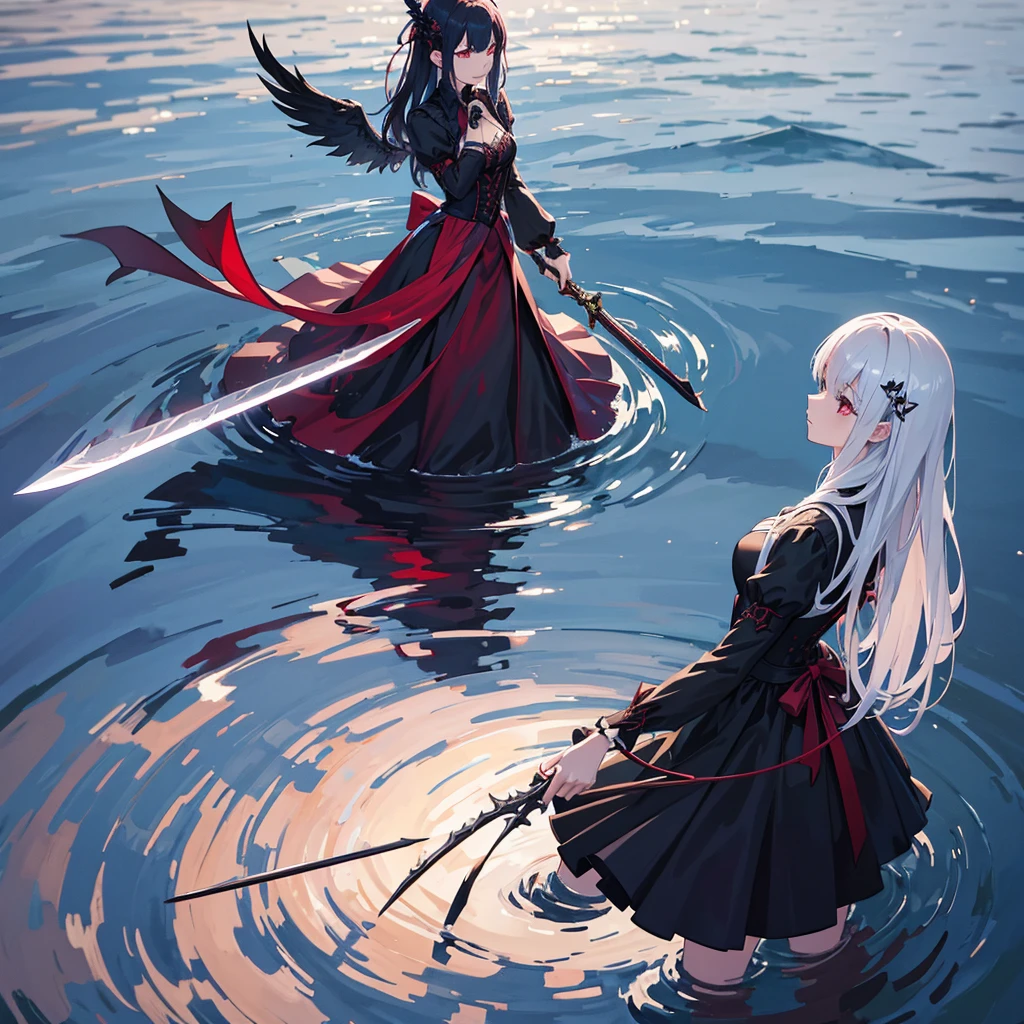 1 dark angel dancing on the lake, flowers and sword, splashed water, dimaond, smoke, lolita long dress, rage, bloody, 8k, hd, unreal engine, dreamy, romantic