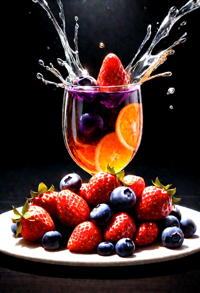 (Movie Photos:1.3) of (Realistic:1.3) a studio shot of a (explode:0.2) (低重力of果物:1.1) (Splash:0.9) a glass of water with strawberries, Contains orange and blueberry, Splash Image, Full Color, In Kamba, splashes of liquid, Drink, Fruit basket, 強い赤of色合い, Ticker, Invoking joy, 水of渦巻き, Fred Marcellino, スプラッシュ解除時ofトップセレクション, professional food photography, Artistic photography. Black background
