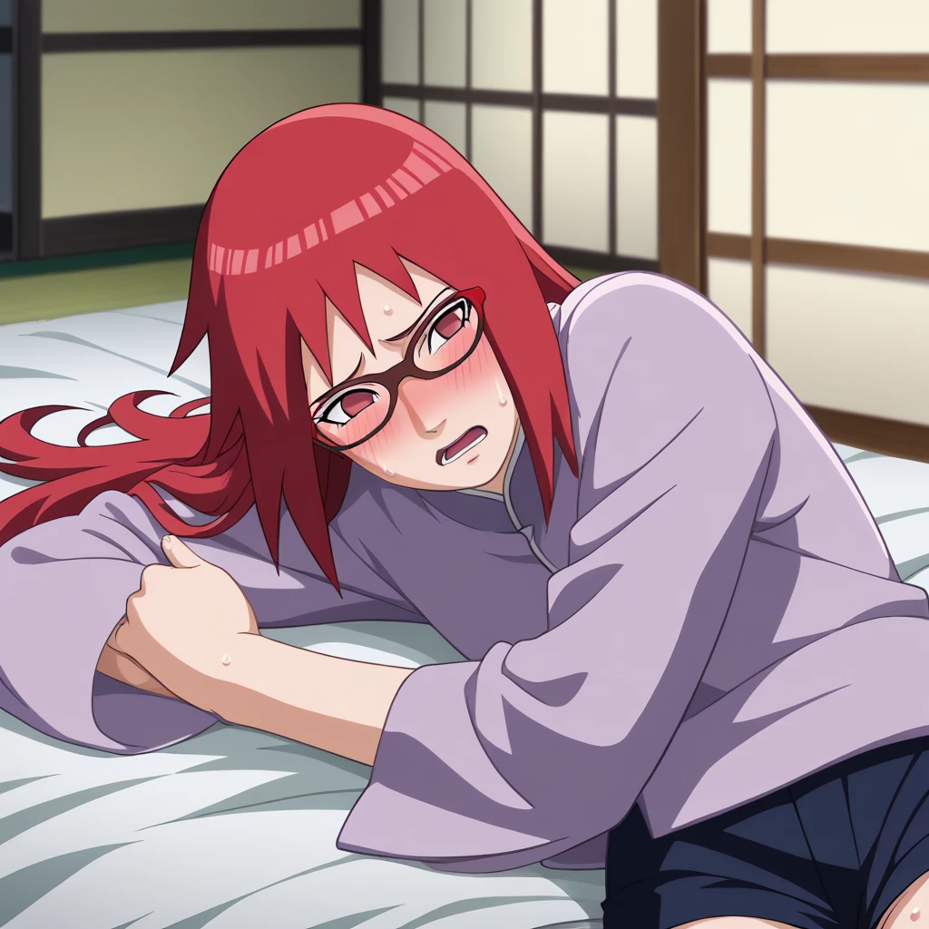 Red hair, 1 Girl, Glasses, Long hair, Red Eyes, Solitary,  Looking at the audience，No students, Japanese cartoons screencap, Japanese cartoons coloring,src_Japanese cartoons,Naruto \(series\), Naruto shippuuden,（（blush，nervous，Vision，））masterpiece， absurd ， （Intricate details）， （Colorful）， light， Extremely detailed CG unity 8k wallpaper ，1 Girl， solo，（shy，In the hotel，Lying on the bed，night，blush，nervous，Sweating，蕾丝dress， ），sweat，blush，blush1.5，Blush，Medium chest，（（dress，Black stockings，luxurious hotel，night，）），（dress，Lying in bed，Uncomfortable expression，Mouth open，spit），（（Vest，shorts，）），（（（Tatami，bookshelf，）））