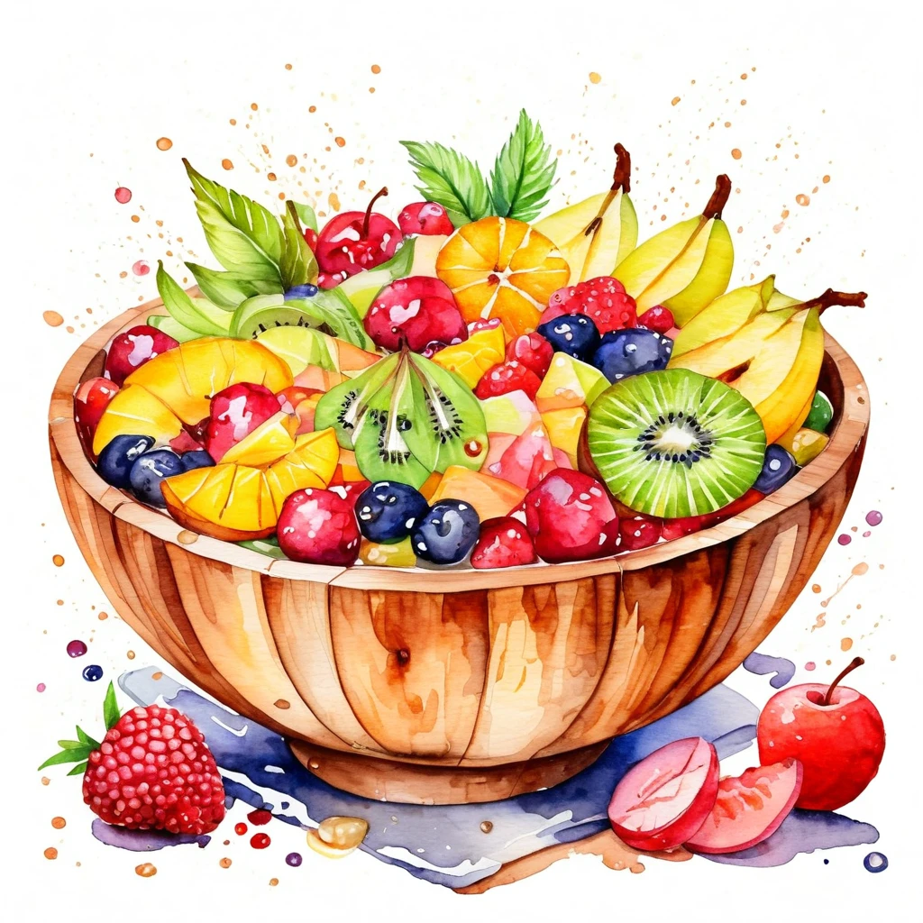 a painting of a wooden bowl of delicious fruit salad , ((watercolor)), cartoon style, solid white background, center composition, negative space around the object, washed out color, detailed masterpiece, loose drawing, clipart,