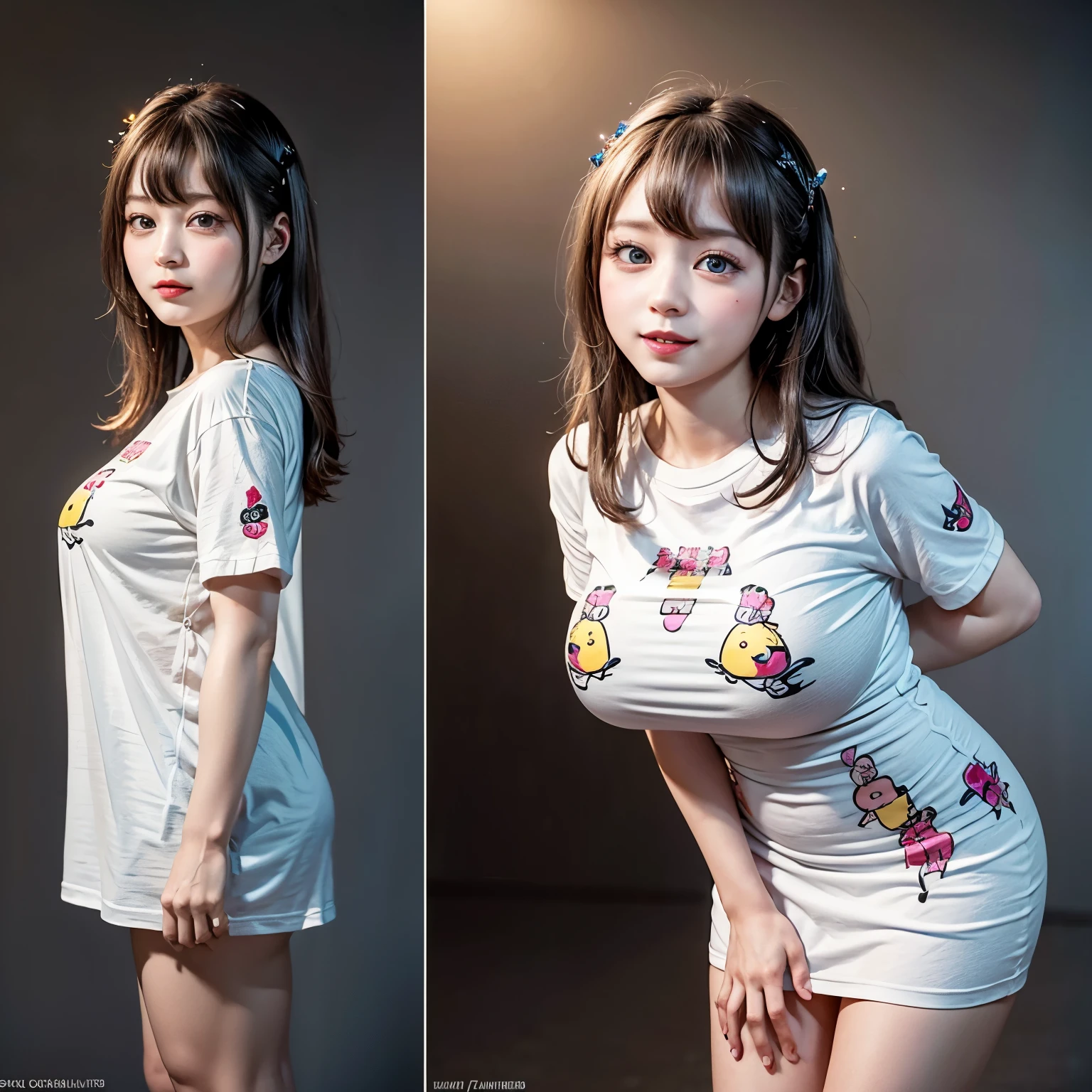 White and Bright Red, (Masterpiece 8K TopQuality:1.2) (ProfessionalPhoto:1.37) ExtremelyDetailed (((FullBody, KAWAII girl with HUGE boobs:1.37)) in (WHITE cotton T-shirt dress:1.28) with (LifeSize her portrait printed on it:1.37)) detailed (Delicate cotton textures) SEXY PUNIPUNI Body PerfectLighting ((Studio Dark GRAY Background) with (Oodles Dazzling RainbowColor Particles:1.26))  BREAK  (((NOGIZAKA FaceVariations))), Extremely Detailed (very KAWAII Face), Childish CaptivatingGaze Stunning ParfectEyes ElaboratePupils with (SparklingHighlights:1.28), DoubleEyelids with (Detailed Voluminous LongEyelashes:0.88), Small GlossyRedLips with BeautifulDetails, CoquettishTongue, PUNIPUNI RosyCheeks, Radiant PearlSkin with Transparency, Glowing DowneyHair . { (Dynamic Joyful expressions LifeLike Rendering:1.4) | (:d) }, (large eyes:-1) . 