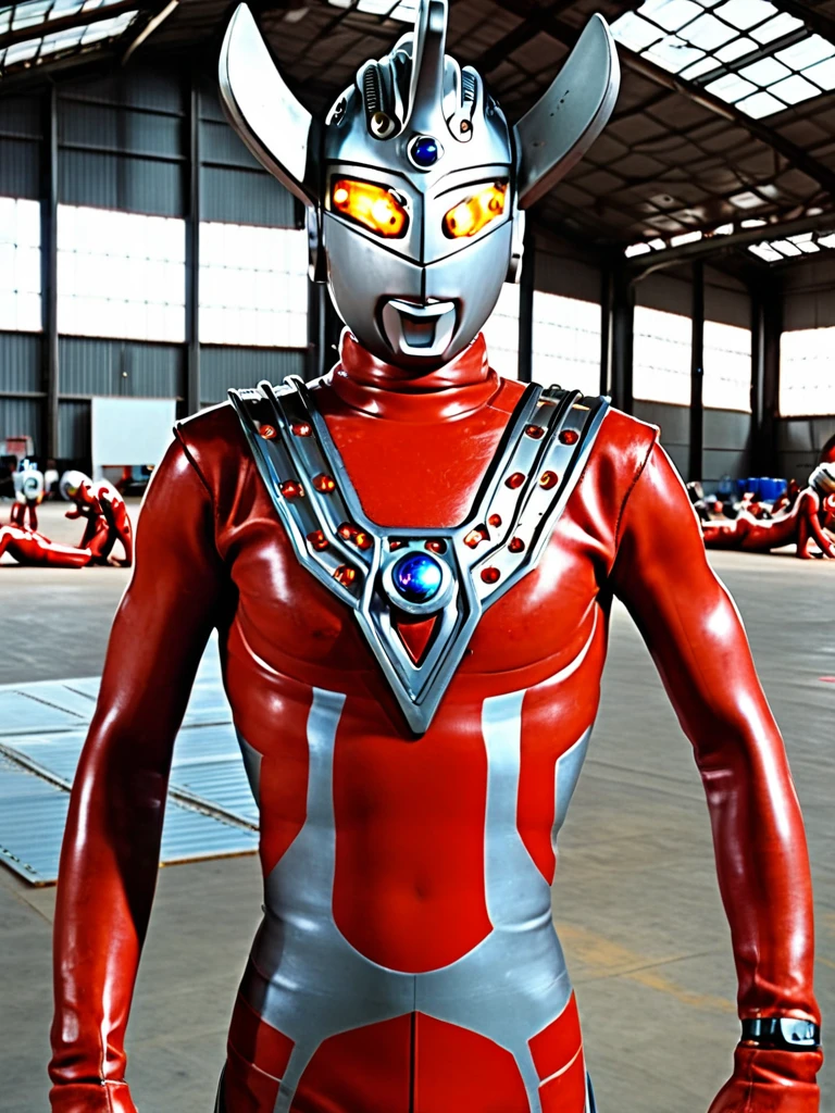 Distant view, auction hall, photo realistic, 35mm films, ultrares, 4k, gay, bara, NSFW, Ultraman Taro, Aerial view, A huge metal platform in a huge hangar, A huge Ultraman Taro lies there in cardiac arrest, Tiny human scientists have cut off his red rubber costume, leaving only his lower body naked, Tall and thin, with a long and thin neck and limbs, Pale skin, Hairy, Small penis, Tubes attached to his penis, Tubes stuck in a cracked Color Timer, Dull grey eyes, The beam lamp on his forehead is also grey, His helmet is full of cracks, Blood is flowing from his mouth, His head is tilted helplessly, His arms and legs are broken, Many tiny scientists are sticking many cables into him and connecting him to machines,