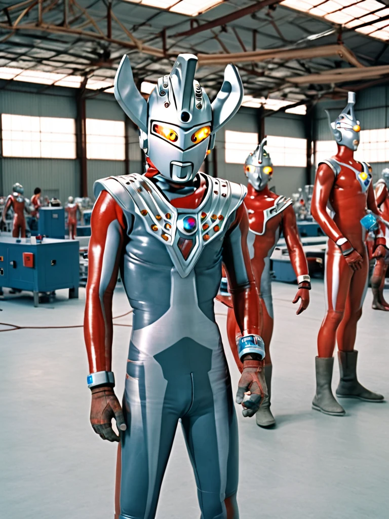 Distant view, auction hall, photo realistic, 35mm films, ultrares, 4k, gay, bara, NSFW, Ultraman Taro, Aerial view, A huge metal platform in a huge hangar, A huge Ultraman Taro lies there in cardiac arrest, Tiny human scientists have cut off his red rubber costume, leaving only his lower body naked, Tall and thin, with a long and thin neck and limbs, Pale skin, Hairy, Small penis, Tubes attached to his penis, Tubes stuck in a cracked Color Timer, Dull grey eyes, The beam lamp on his forehead is also grey, His helmet is full of cracks, Blood is flowing from his mouth, His head is tilted helplessly, His arms and legs are broken, Many tiny scientists are sticking many cables into him and connecting him to machines,