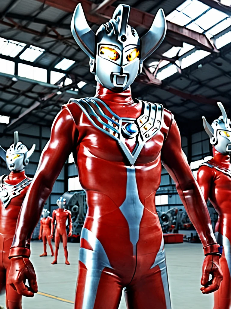 Distant view, auction hall, photo realistic, 35mm films, ultrares, 4k, gay, bara, NSFW, Ultraman Taro, Aerial view, A huge metal platform in a huge hangar, A huge Ultraman Taro lies there in cardiac arrest, Tiny human scientists have cut off his red rubber costume, leaving only his lower body naked, Tall and thin, with a long and thin neck and limbs, Pale skin, Hairy, Small penis, Tubes attached to his penis, Tubes stuck in a cracked Color Timer, Dull grey eyes, The beam lamp on his forehead is also grey, His helmet is full of cracks, Blood is flowing from his mouth, His head is tilted helplessly, His arms and legs are broken, Many tiny scientists are sticking many cables into him and connecting him to machines,