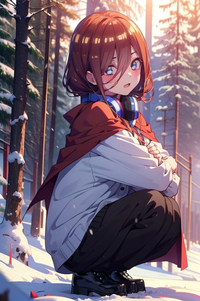 miku nakano, miku nakano, Long Hair, bangs, Brown Hair, shirt, Hair between the eyes, cardigan, Headphones around the neck,smile,blush,White Breath,
Open your mouth,snow,Ground bonfire, Outdoor, boots, snowing, From the side, wood, suitcase, Cape, Blurred, Increase your meals, forest, White handbag, nature, Squat, Mouth closed, フードed Cape, winter, Written boundary depth, Black shoes, red Cape break looking at viewer, Upper Body, whole body, break Outdoor, forest, nature, break (masterpiece:1.2), Highest quality, High resolution, unity 8k wallpaper, (shape:0.8), (Beautiful and beautiful eyes:1.6), Highly detailed face, Perfect lighting, Highly detailed CG, (Perfect hands, Perfect Anatomy),