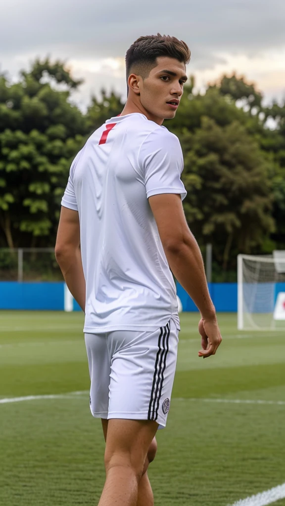 The guy is playing football, 25 years, Peruvian nationality, full length, scores a goal, wearing a white T-shirt and white shorts, Great quality, athletic build, high detail, Profile view