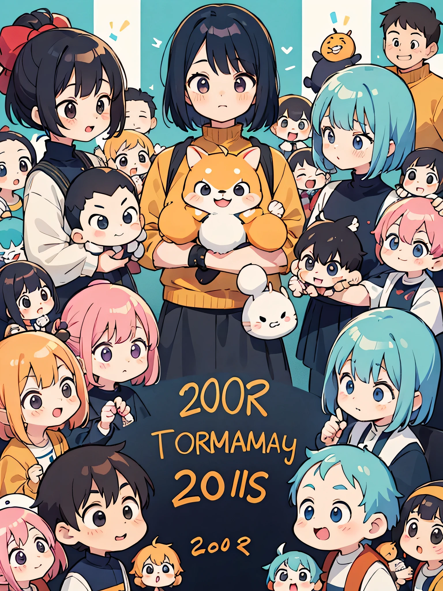 Akira Toriyama style, Kawaii Design, (((20 people)))、most beautiful girl ever、Chibi, Colorful bob hair、((Lots of friends))、((Family get-together))、(((big family)))