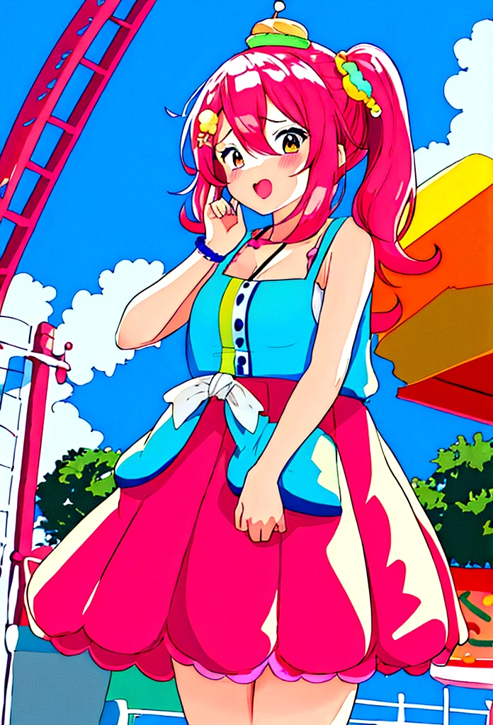 A cute girl,At the amusement park,Next to the ice cream shop,Summer,Colorful style,Macaron Colors