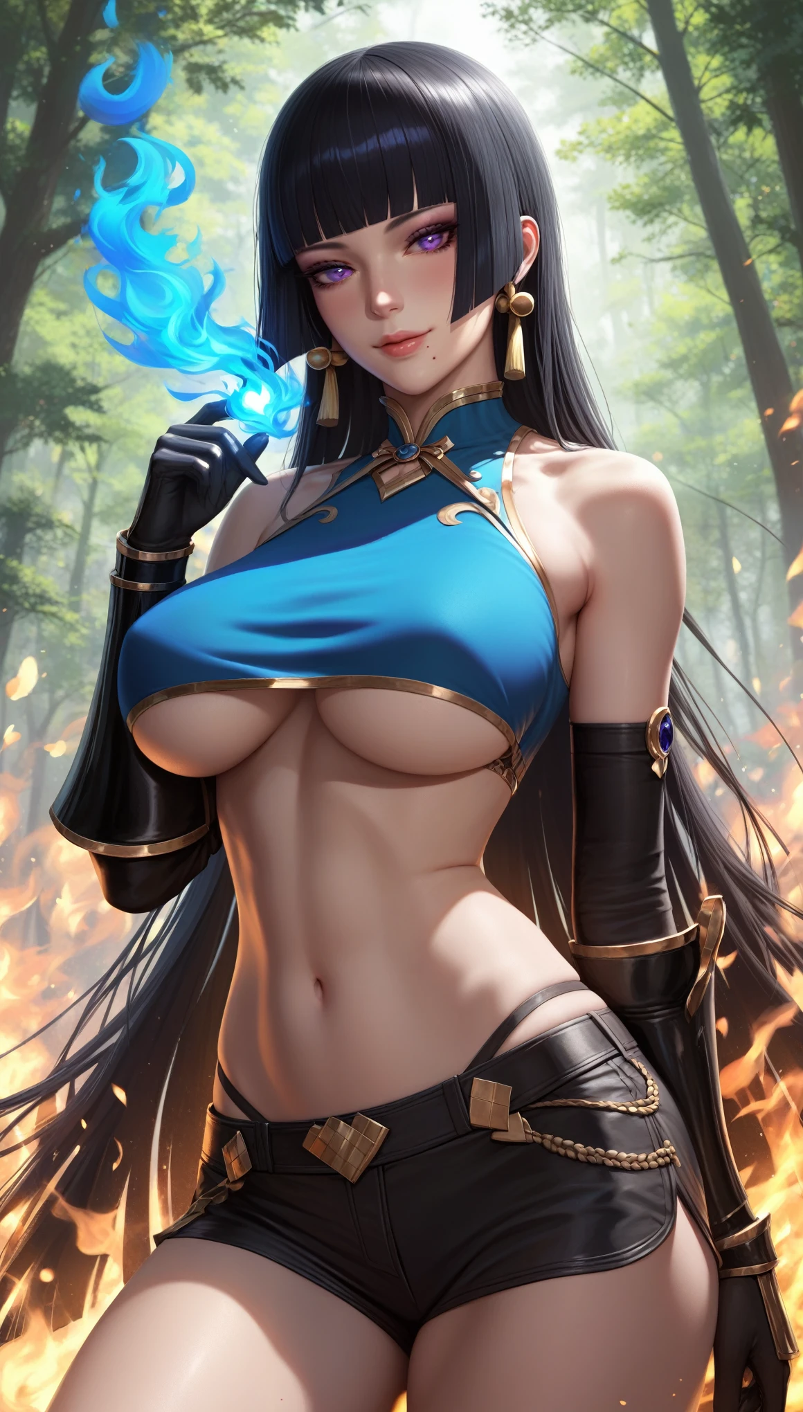 (asura art style:0.7), score_9, score_8_up, score_7_up, score_6_up, uncensored, nyotengu, black hair, long hair, blunt bangs, purple eyes, mole under mouth, makeup, BREAK (masterpiece:1.2), best quality, high resolution,(detailed eyes:1.3), perfect lighting, (perfect hands, perfect anatomy), hearts, pleasured, huge breasts, 1girl, breasts, solo, blue fire, fire, navel, underboob, shorts, looking at viewer, bare shoulders, forest, scar, gloves, smile, contrapposto, arm behind back, black shorts, midriff, cowboy shot, crop top, blood, earrings, black gloves, hand up, standing, jewelry, gauntlets, stomach