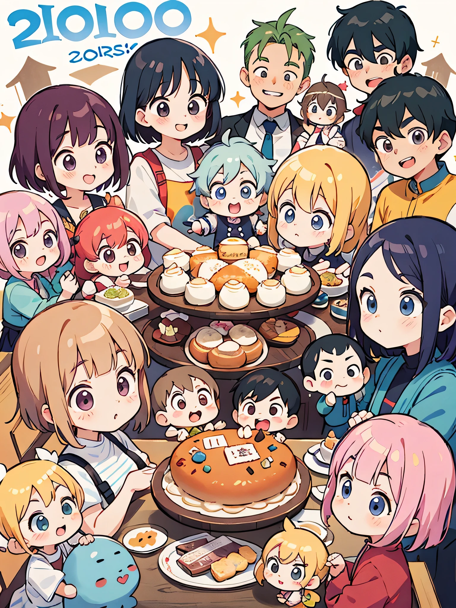 Akira Toriyama style, Kawaii Design, (((20 people)))、most beautiful girl ever、Chibi, Colorful bob hair、((Lots of friends))、((Family get-together))、(((big family)))