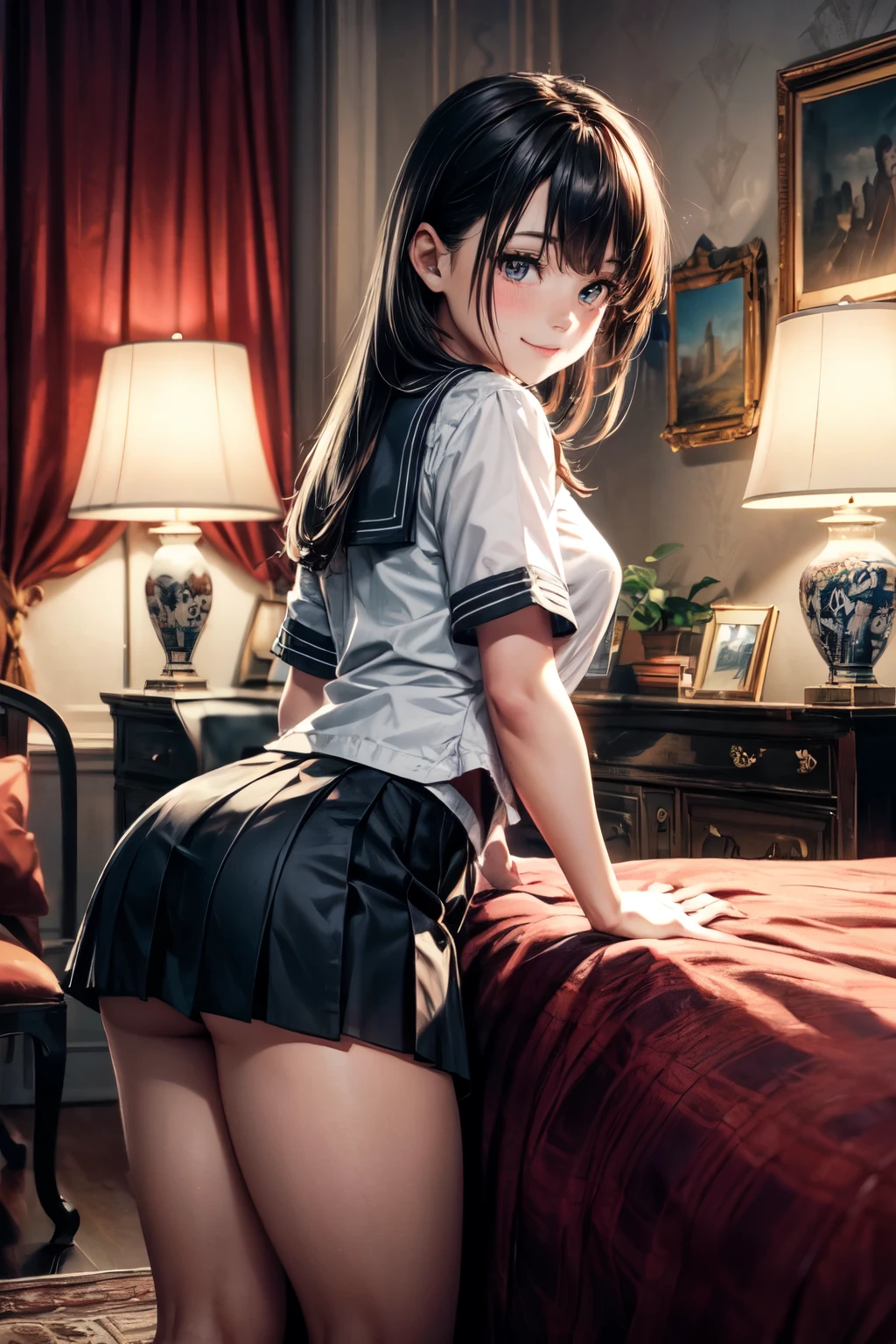 very cute and beautiful girl,(highly detailed beautiful face),
(smile:1.2),blush,looking at viewer,black hair,serafuku,short sleeve,pleated navyblue mini skirt,
(looking back,from behind),(leaning forward,hands at furniture),
antique hotel bedroom,victorian gorgeous furnitures,
(best quality,masterpiece),absurdres,highres,ultra-detailed,extremely detailed,32k,8k resolution,
intricate details,cinematic scene,detailed background,solo,dynamic angle,
perfect hands,