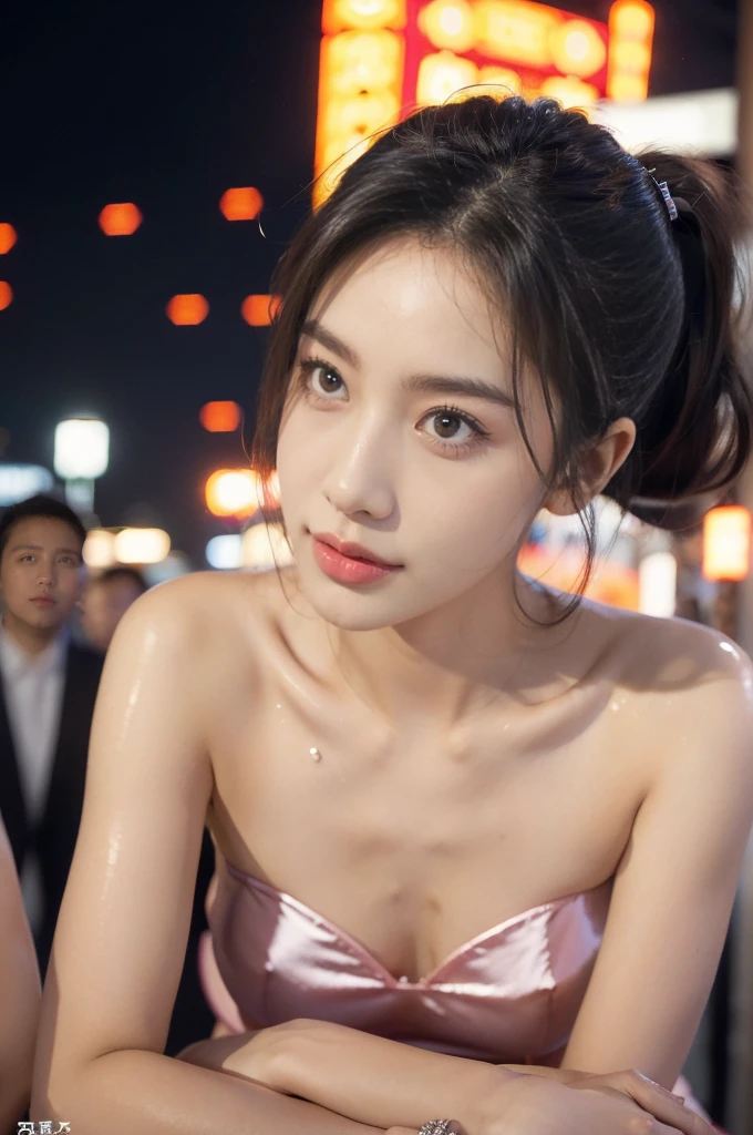 (((best quality))),(((ultra detailed))),(((masterpiece))),illustration,((1 beautiful girl,solo)),((slim,thin)),((small breasts,flat chest)),summer night,metropolis,barbecue joint,humble,vibrant energy,city that never sleeps,(short ponytail:1.2),(((female orgasmic,blush))),(sweat:1.3),(shiny skin:1.5),(strapless sheer bra:1.3),lightweight,practicality,style,sizzling hot grill,smooth,tanned skin,soft glow,skillfully,skewers,meat,intense concentration,bright eyes,alert,passion for work,atmosphere,vibrant,dynamic,laughter,conversation,sizzle,crackle,aromatic scent,tinged,radiant smile,genuine enjoyment,easy manner,warm presence,community,dedication,beauty in simplicity,midst of bustling city streets,outdoor,midnight,((from front,close-up of face)),(surrounded by crowded crowds:1.3)