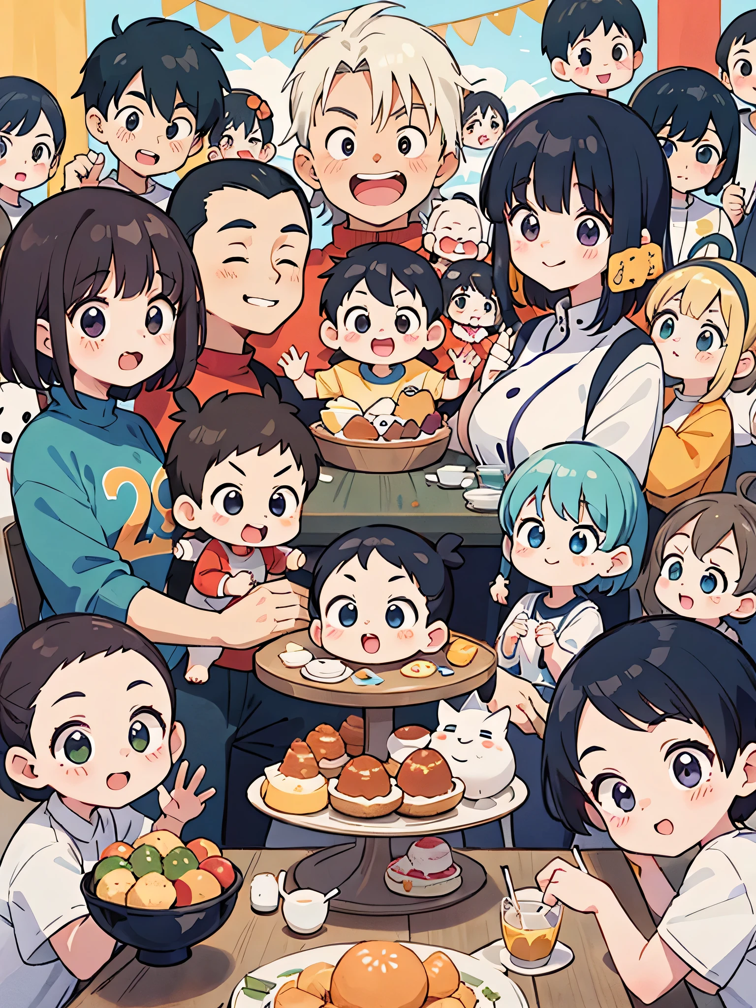 Akira Toriyama style, Kawaii Design, (((20 people)))、most beautiful girl ever、Chibi, Colorful bob hair、((Lots of friends))、((Family get-together))、(((big family)))