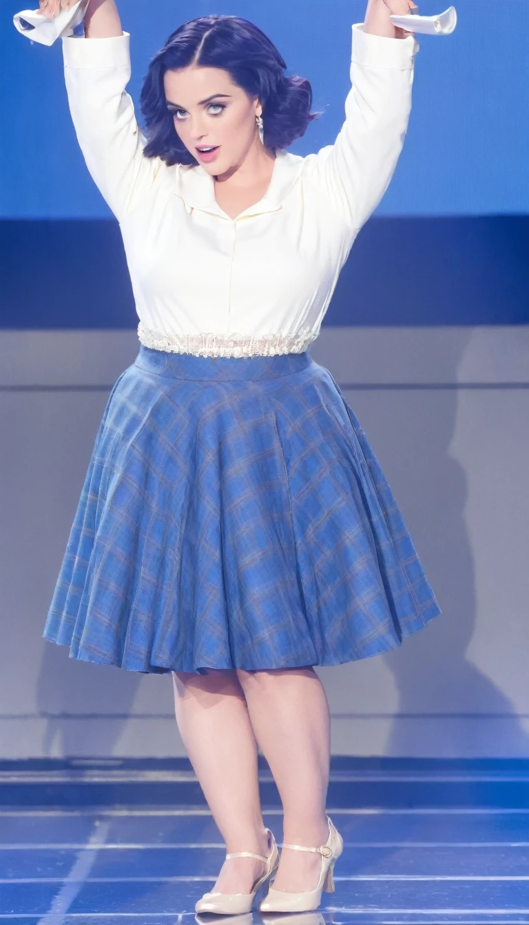 arafed woman in a plaid skirt holding a white plate, a blue skirt, extra short blue plaid skirt, plaid skirt, wearing skirt, wearing a skirt, dressed in long fluent skirt, skirt, Clothing with blue accents, fishnets and a long tartan skirt, flowing blue skirt, 50s style infomercial, Katy Perry in old clothes, not cut
