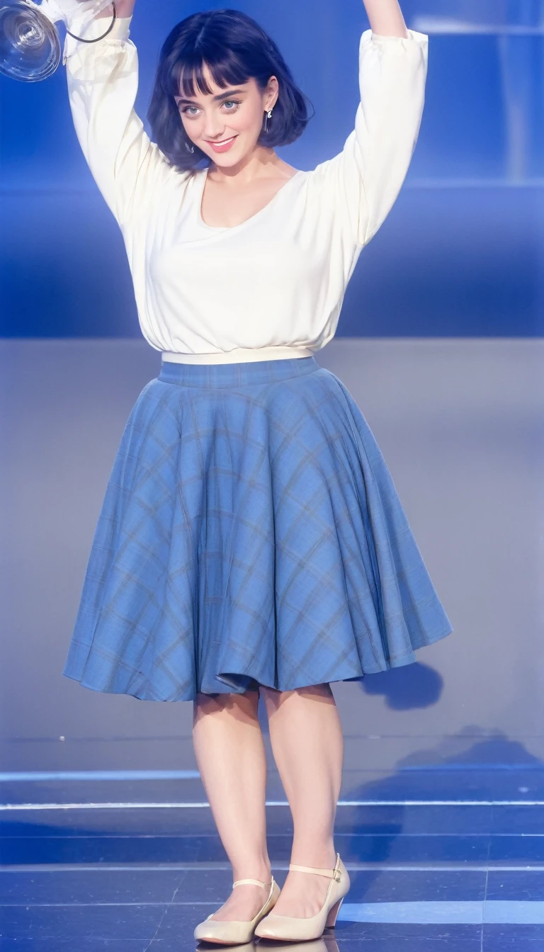 arafed woman in a plaid skirt holding a white plate, a blue skirt, extra short blue plaid skirt, plaid skirt, wearing skirt, wearing a skirt, dressed in long fluent skirt, skirt, Clothing with blue accents, fishnets and a long tartan skirt, flowing blue skirt, 50s style infomercial, Katy Perry in old clothes, not cut