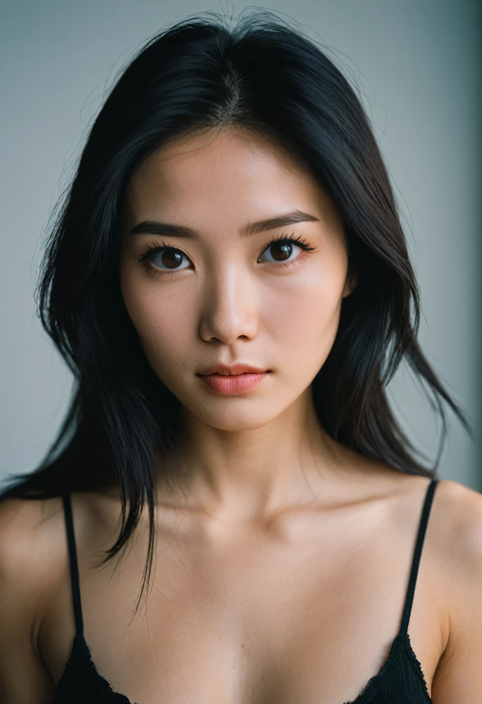 photoshoot, photographic studio, CRU photo, fot editorial, fot de estoque de filme, cinematic, posando, amateur photo, LnFalog, cru, f235mm, LnF (amateur photo), flash fot, taken on LnF old camera, Polaroid, 8K, highy detailed, (high qualiy, best qualityer:1.3), Extremely high resolution, Film grain, far away (waist-length:1.2) black hair hairstyle, ((macro lens)), dark atmospher, ((focused on the eyes)), brown dark eyes, small asiLnF eyes, Feminine Expressions, fot, dslr, 35mm, Fujifilm Superia Premium 400, Nikon D850 fot de estoque de filme, Kodak Portra 400 F1.6 lenses, 8K, ultra HD, Chinese face, white and pale skin, milk pale skin, trunk
