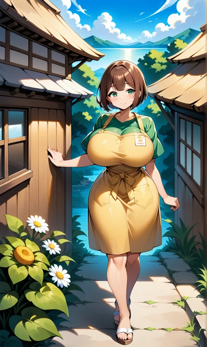 
1girl,  huge breasts, narrow waist, thick thighs, very short hair, brown hair, pixie hair cut, green eyes, hair daisy, yellow apron-like dress, sandals, scenery, 