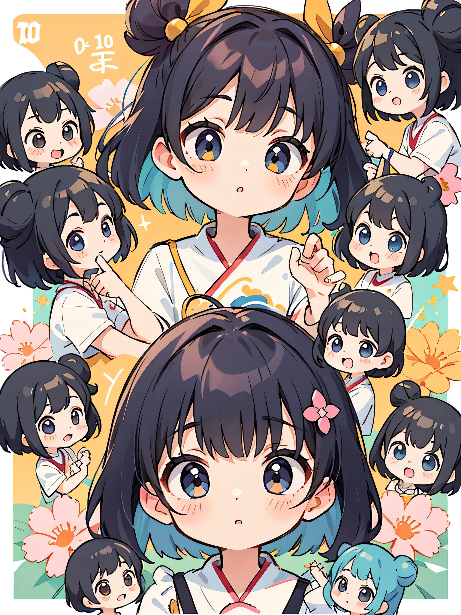 Momoko Sakura style, Kawaii Design, (((10 people)))、most beautiful girl ever、Chibi, Colorful bob hair、((Lots of friends))、ren's room、Study session together