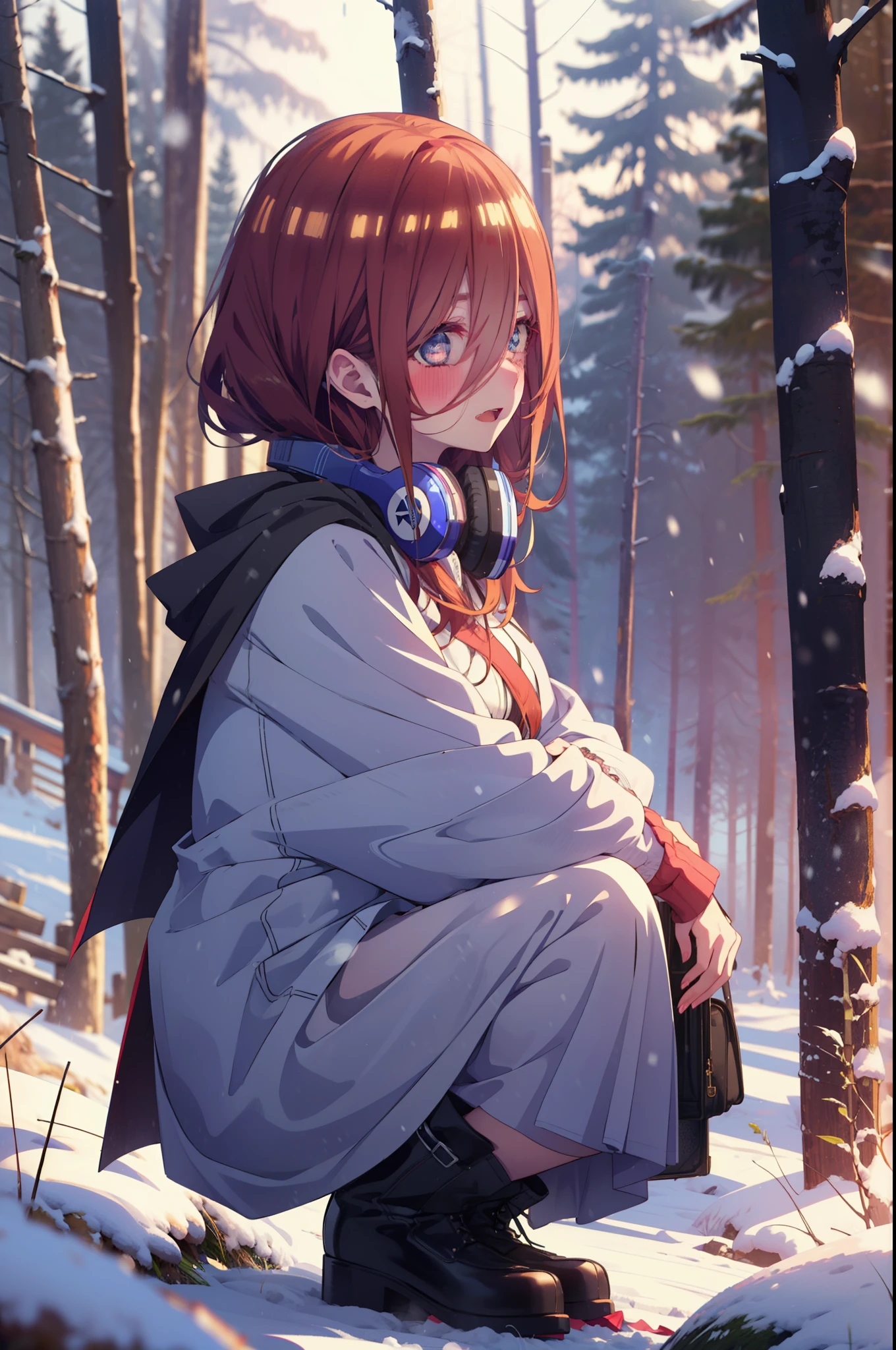 miku nakano, miku nakano, Long Hair, bangs, Brown Hair, shirt, Hair between the eyes, cardigan, Headphones around the neck,smile,blush,White Breath,
Open your mouth,snow,Ground bonfire, Outdoor, boots, snowing, From the side, wood, suitcase, Cape, Blurred, Increase your meals, forest, White handbag, nature, Squat, Mouth closed, フードed Cape, winter, Written boundary depth, Black shoes, red Cape break looking at viewer, Upper Body, whole body, break Outdoor, forest, nature, break (masterpiece:1.2), Highest quality, High resolution, unity 8k wallpaper, (shape:0.8), (Beautiful and beautiful eyes:1.6), Highly detailed face, Perfect lighting, Highly detailed CG, (Perfect hands, Perfect Anatomy),