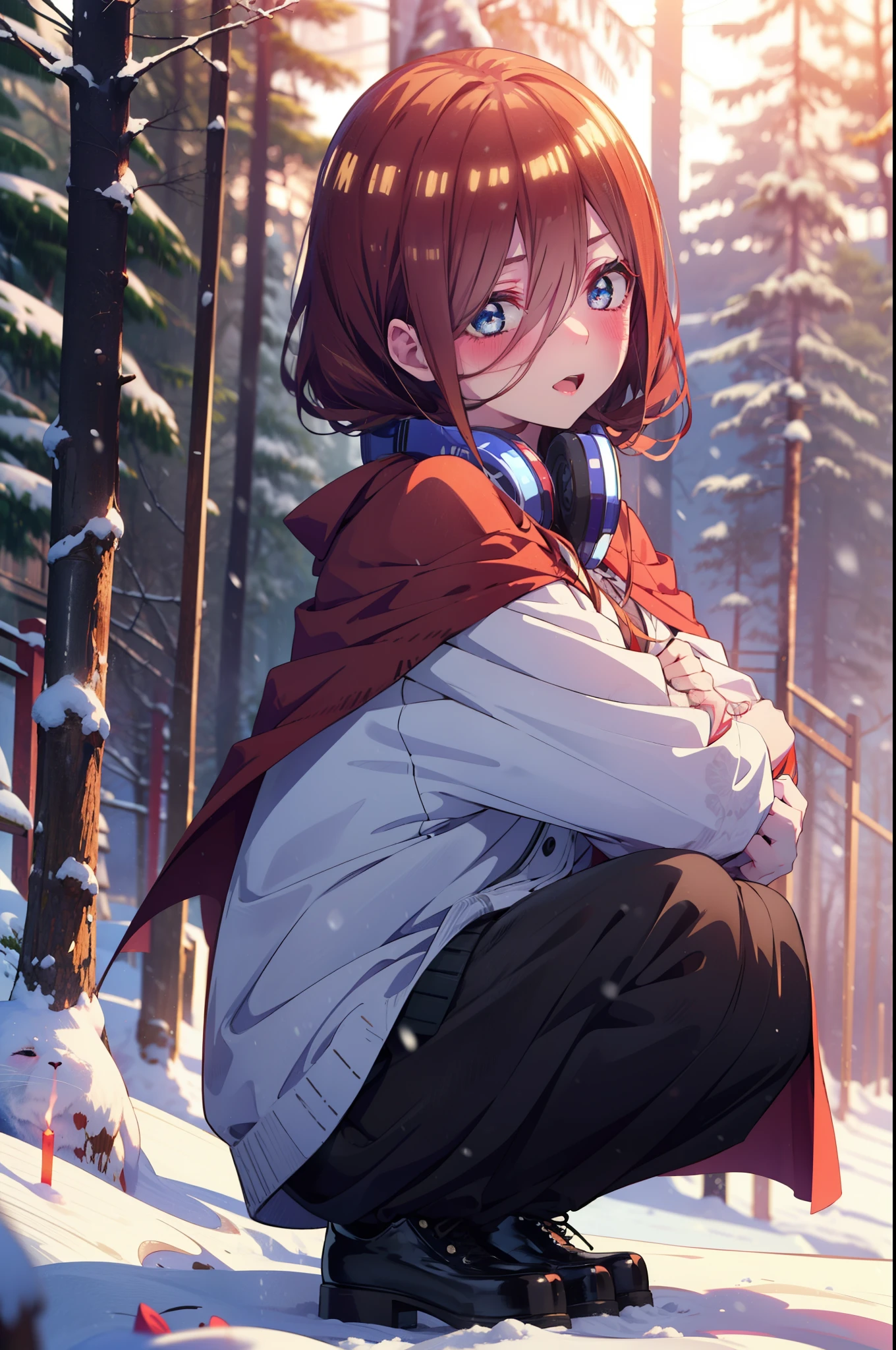miku nakano, miku nakano, Long Hair, bangs, Brown Hair, shirt, Hair between the eyes, cardigan, Headphones around the neck,smile,blush,White Breath,
Open your mouth,snow,Ground bonfire, Outdoor, boots, snowing, From the side, wood, suitcase, Cape, Blurred, Increase your meals, forest, White handbag, nature, Squat, Mouth closed, フードed Cape, winter, Written boundary depth, Black shoes, red Cape break looking at viewer, Upper Body, whole body, break Outdoor, forest, nature, break (masterpiece:1.2), Highest quality, High resolution, unity 8k wallpaper, (shape:0.8), (Beautiful and beautiful eyes:1.6), Highly detailed face, Perfect lighting, Highly detailed CG, (Perfect hands, Perfect Anatomy),