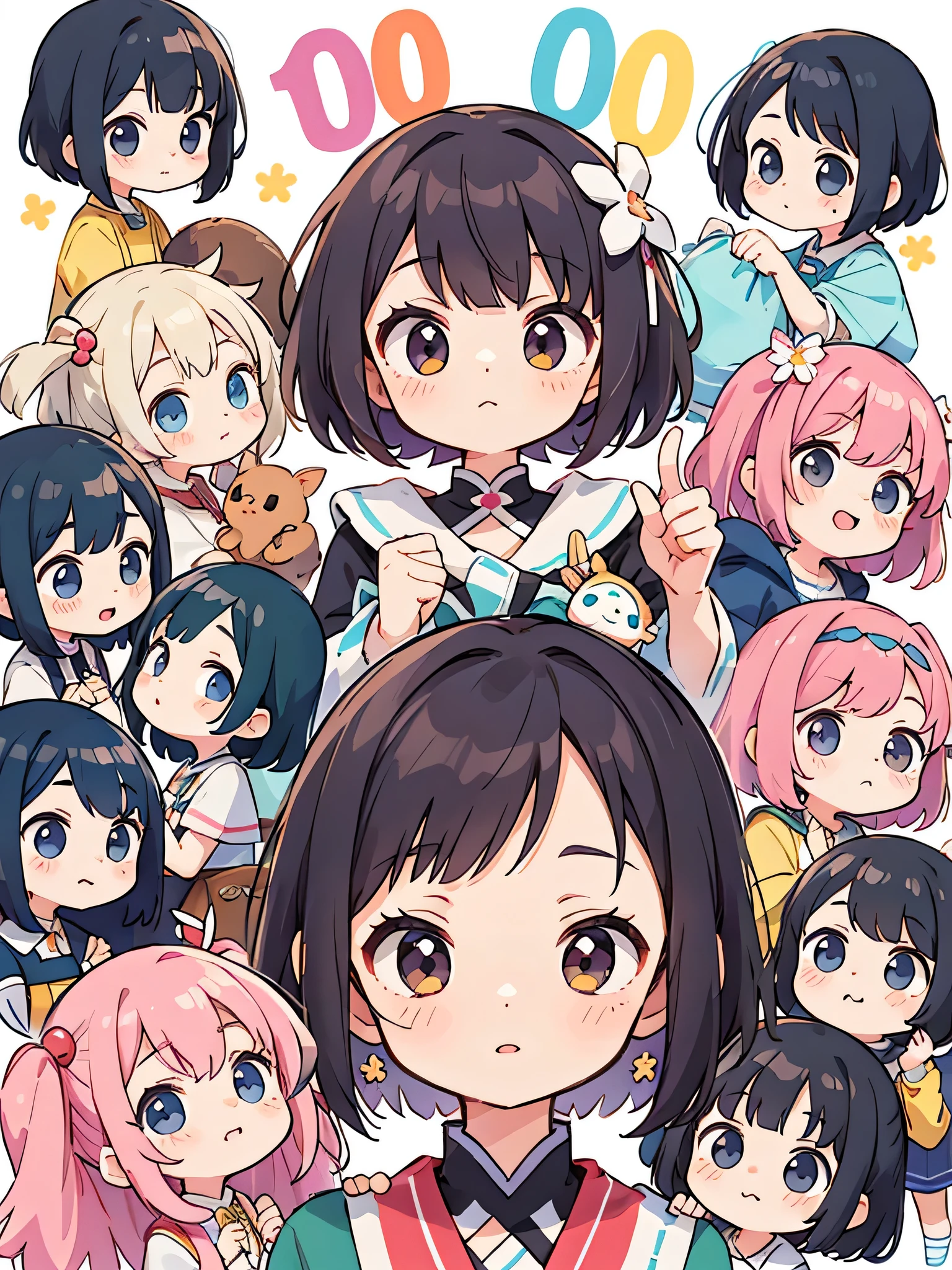 Momoko Sakura style, Kawaii Design, (((10 people)))、most beautiful girl ever、Chibi, Colorful bob hair、((Lots of friends))、children's room、Study session together