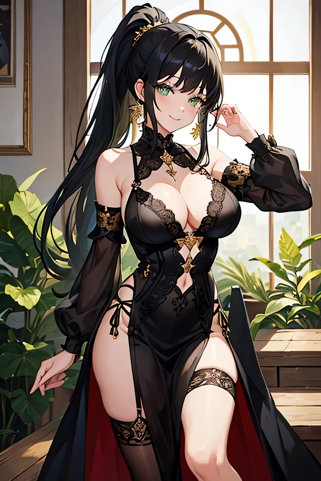 masterpiece, best quality, detailed clothes,1girl, green eyes, black hair, solo, long hair, ponytail, bangs, large breasts, black and gold lingerie low cut, v-cut dress with skirt, smiling, smile