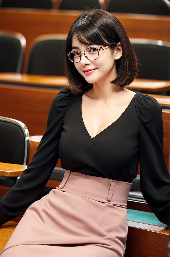 Adult feminine sex appeal、Sexy female scholar、Surrounded by female college students、University lecture hall, university psychology associate professor, ((full body)), ((photo)), ((best qualtiy, 8K, tmasterpiece:1.3)), Focus:1.2, perfect figure beautiful woman:1.41woman, cowboy shot, look at viewer, eyes facing the camera, incredibly absurd, beautiful and cute woman with a photorealistic face, showcasing top-quality craftsmanship, A Japanese woman giving a lecture at a university lecture hall, 27 years old, with a bob cut and flipped hair, short bangs swept at an angle, smooth and shiny hair, natural hairline, fair and smooth skin, plump and healthy cheeks, large, jet black eyes, round eyes, long and upward-facing eyelashes, double eyelids, thin and straight eyebrows, small and round nose, plump lips, upturned corners of the mouth, charming smile, cute face, glamorous, well-balanced proportions, tall, beautiful D-cup breasts, silver-rimmed glasses, pink blouse, black tight skirt, fashion with a waist-marked silhouette, scarf, heeled shoes, vanilla perfume, beautiful, pretty older woman, glasses suit her, knowledgeable, playful, curious, smart, elegant, November