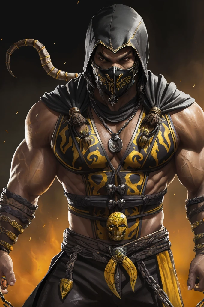 a photo of ((JAson Momoa)) As ((Scorpion)) from Mortal Kombat, yellow and black ninja outfit, (skull mask), kunai on a chain, intricate, high détail, sharp focus, dramatic, photorealistic paint art by greg rutkowski