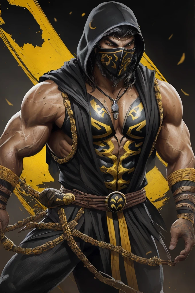 a photo of ((JAson Momoa)) As ((Scorpion)) from Mortal Kombat, yellow and black ninja outfit, (skull mask), kunai on a chain, intricate, high détail, sharp focus, dramatic, photorealistic paint art by greg rutkowski