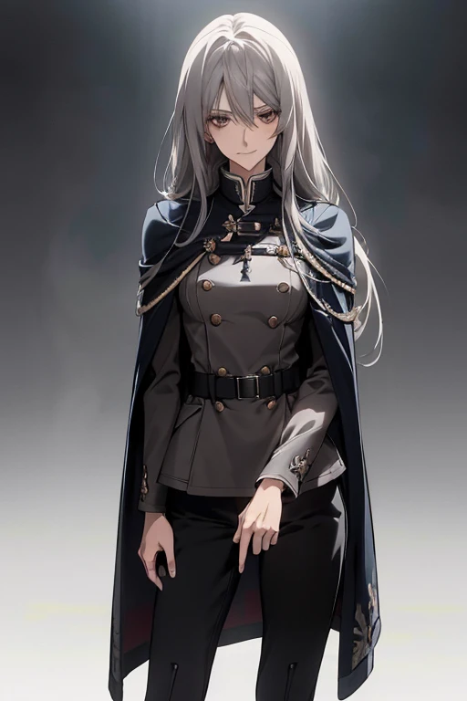 (Confused, High resolution, Very detailed), 1 female, Silver Hair,Long Hair,Reddish brown eyes,Blue and black military uniform,24th generation,beauty,mature,thin,quiet,Calm,A small smile,Cape,Slender and thin,Knee-high boots,skinny pants,Sea at dawn,Small breasts,thin body,Are thin