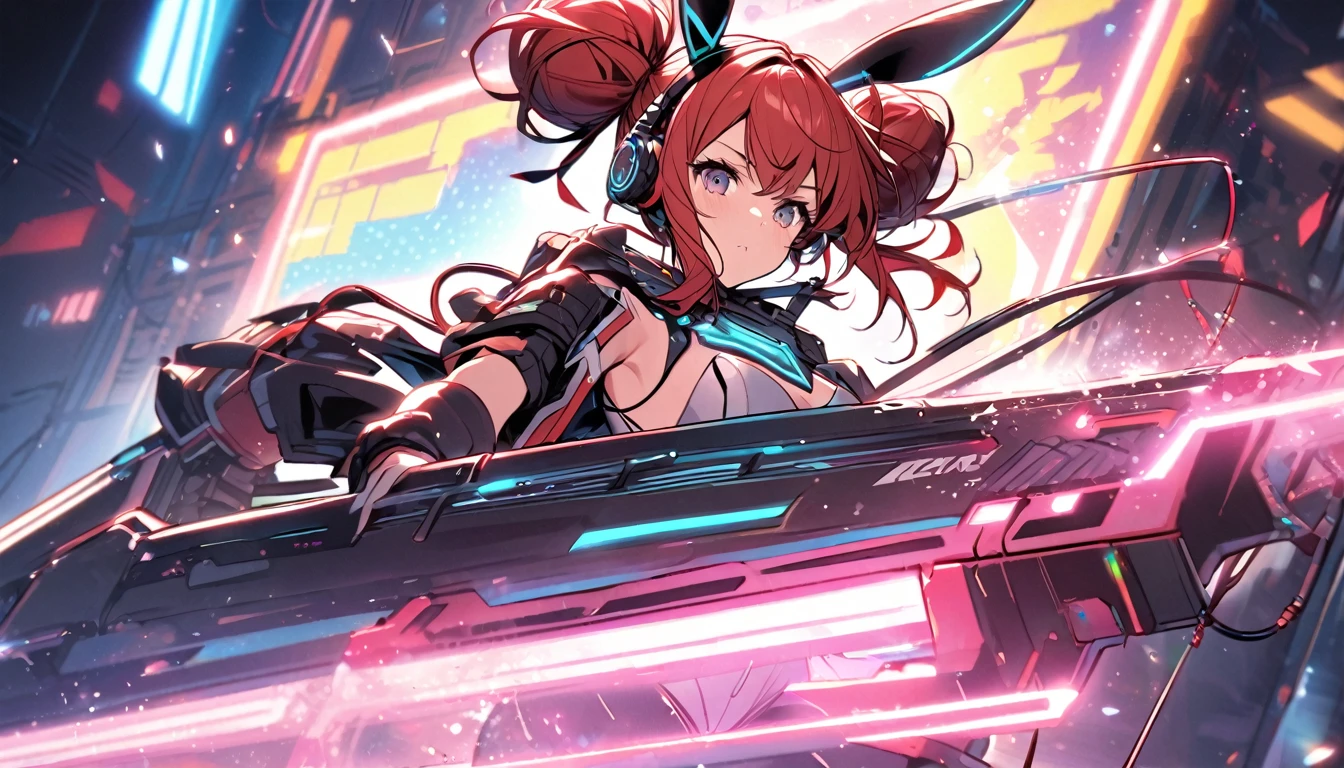 Beautiful girl, single, hair tied in two buns, red hair, glowing wires. Wear a half hat, headphones, bunny ears, and a neon sci-fi robot leotard. Behind it is a robot with neon lights. The background image is a large robot clearly visible, on stage playing Keytar.