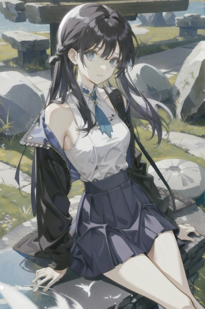 whaite hair，Wearing a hip-wrapped skirt，sitting on the stone，bare-legged，Chest 36d,Sexy and enchanting beauty