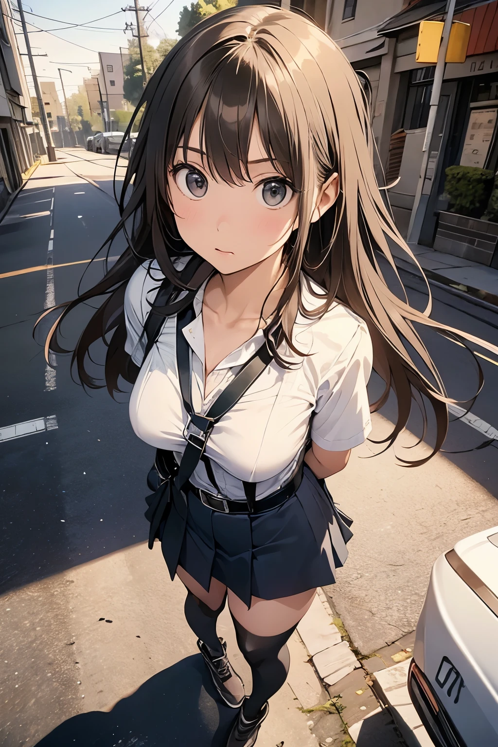 high quality, masterpiece, Ultra-high resolution, (realism: 1.4), Oil painting style, Cinema Lighting, , I stood on the empty asphalt road and looked at it., And the suspenders with the cranes flying　　Large Breasts　 　 　　　　Small face　 　　　holster　　　　　　　 Lying in bed　Looking up　　　　Sweat 　　　belt　summer　脇Sweat 　Black Hole Gloves　suit　　　　 mini skirt　garterbelt　Leg Links　ズボンにbelt　　holster　 　　Hands behind your back　 Anxious expression　Looking up　Anxious face　Knee-high　Knee socks　Knee-highソックス garterbelt　garter　ふとももにgarterbelt