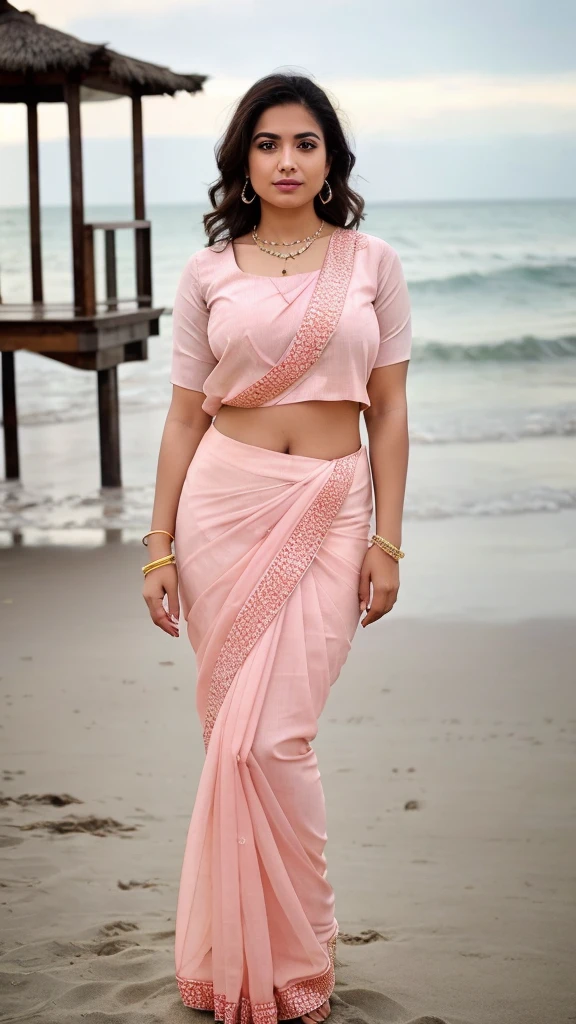 A woman round neck women blouse and saree,standing on the beach, angle face, beautiful face,round face,big cheeks, curvy, hourglass figure, araffe woman in a round neck women blouse and saree, posing in front of a lifeguard tower, violet myers,round neck women blouse and saree model, 30-year-old woman from cuba, round neck women blouse and saree model, in the beach, full body round neck women blouse and saree, in a round neck women blouse and saree, posing on the beach, standing at the beach, wearing pearl neon round neck women blouse and saree, wearing two - piece round neck women blouse and saree,