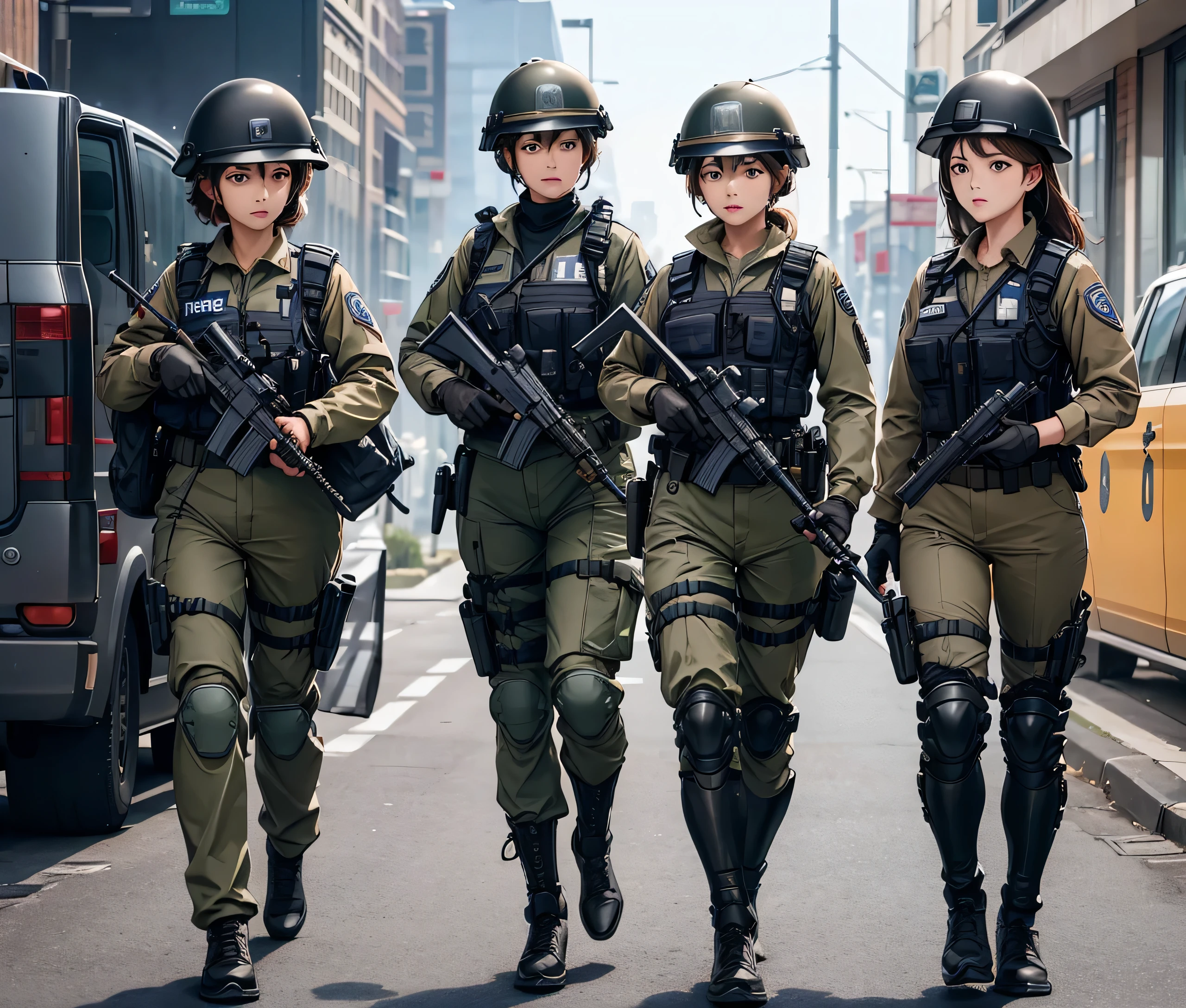 A group of female police officers all wearing brown,Full helmet、Military Pants、Police suit、Alert with guns,Write details、masterpiece、best quality、Highly detailed CG、8K picture quality