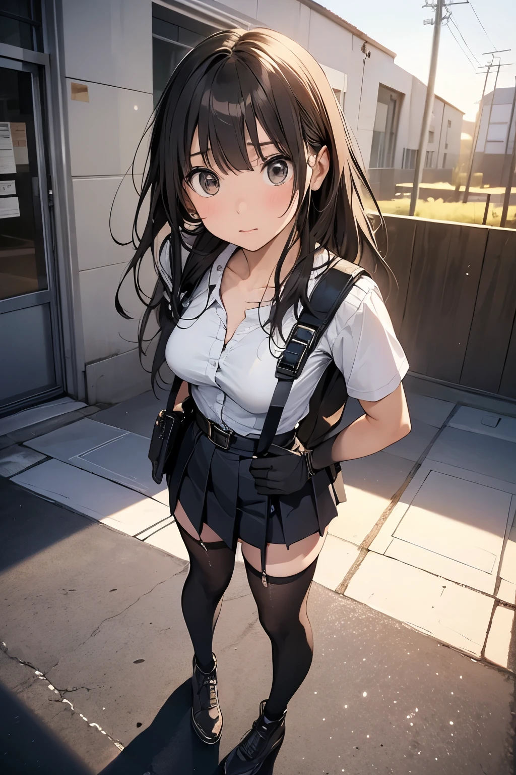 high quality, masterpiece, Ultra-high resolution, (realism: 1.4), Oil painting style, Cinema Lighting, , I stood on the empty asphalt road and looked at it., And the suspenders with the cranes flying　　Large Breasts　 　 　　　　Small face　 　　　holster　　　　　　　 Lying in bed　Looking up　　　　Sweat 　　　belt　summer　脇Sweat 　Black Hole Gloves　suit　　　　 mini skirt　garterbelt　Leg Links　ズボンにbelt　　holster　 　　Hands behind your back　 Anxious expression　Looking up　Anxious face　Knee-high　Knee socks　Knee-highソックス garterbelt　garter　ふとももにgarterbelt