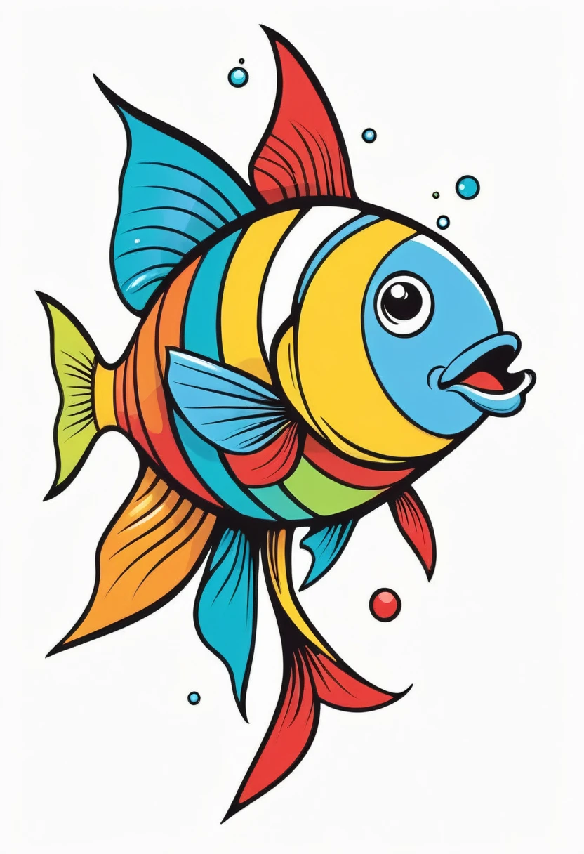 happy multicolored fish, Simplified Graffiti-Street Art style, outline, vector, white background