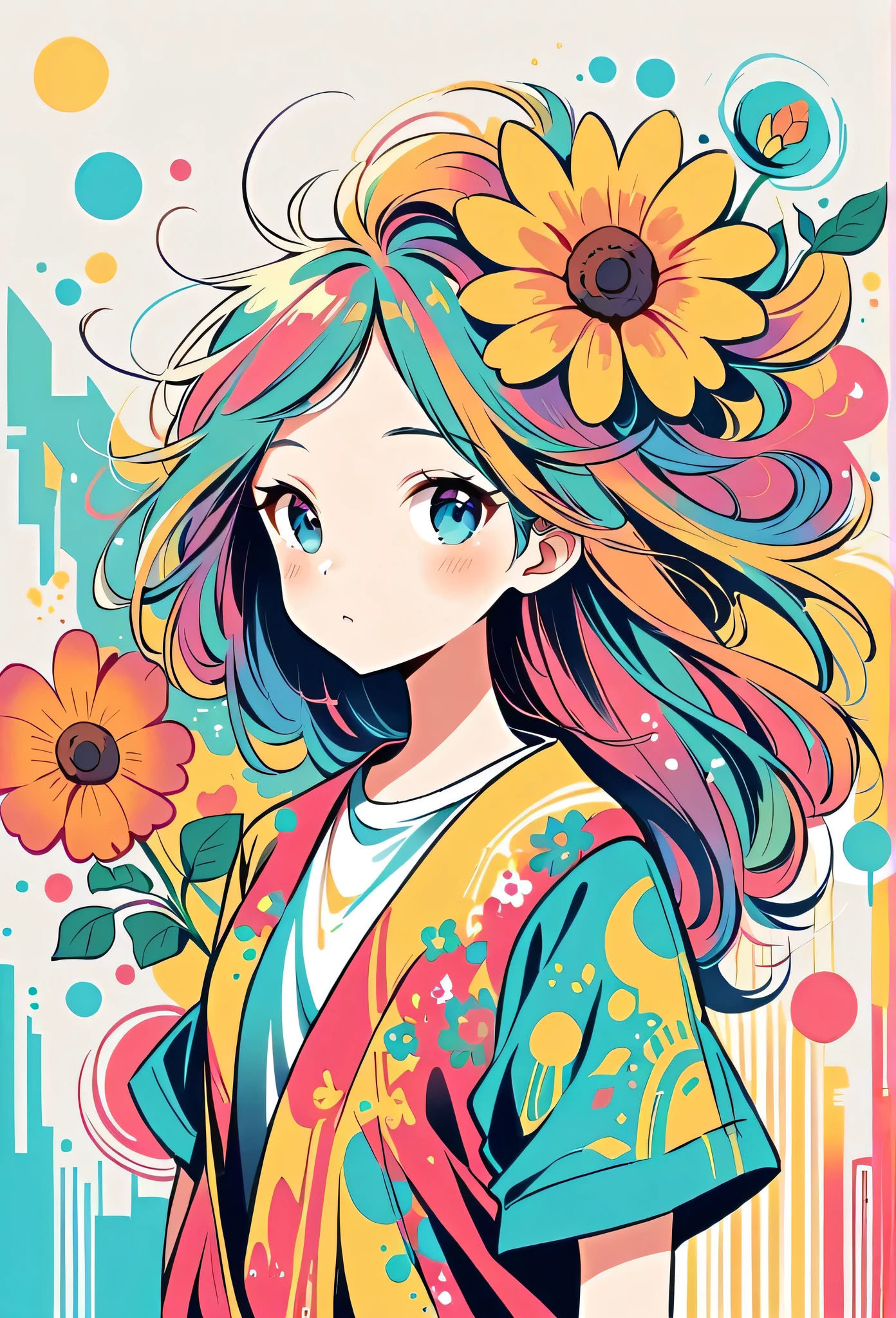 Watase Seizo style, Standing in front of a high wall,Simple Line Initialism,Abstract art,Urban Background, (((The most beautiful girl))), colorful flowers
