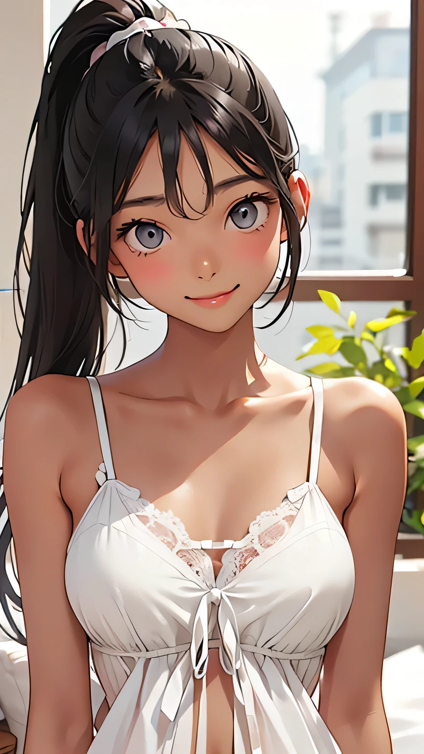 highest quality、Realistic、woman、summer night、Gray Eyes、ponytail、all back、Black Hair、Tanned black body、Tan Skin、Brown black skin、Dark skin、slender、Large Breasts、White Lingerie、smile、Bust Shot