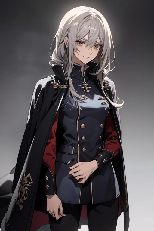 (Confused, High resolution, Very detailed), 1 female, Silver Hair,Long Hair,Reddish brown eyes,Blue and black military uniform,24th generation,beauty,mature,thin,quiet,Calm,A small smile,Long Cape,Slender and thin,Knee-high boots,skinny pants,Hanger,Small breasts,thin身体,Are thin