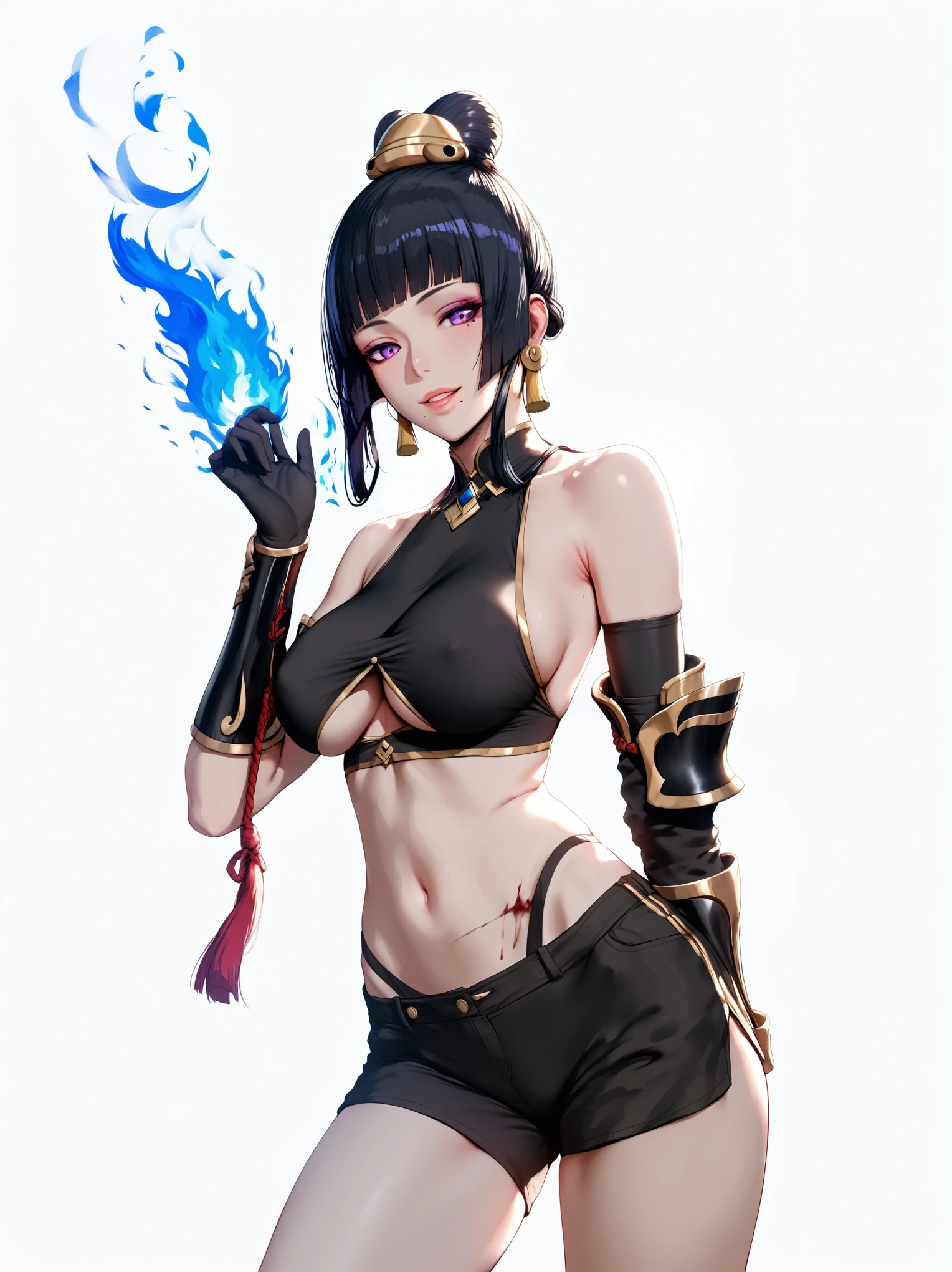 (hews art style:0.7), score_9, score_8_up, score_7_up, score_6_up, uncensored, nyotengu, black hair, long hair, blunt bangs, purple eyes, mole under mouth, makeup, BREAK (masterpiece:1.2), best quality, high resolution,(detailed eyes:1.3), perfect lighting, (perfect hands, perfect anatomy), hearts, pleasured, huge breasts, 1girl, breasts, solo, blue fire, fire, navel, underboob, shorts, looking at viewer, bare shoulders, forest, scar, gloves, smile, contrapposto, arm behind back, black shorts, midriff, cowboy shot, crop top, blood, earrings, black gloves, hand up, standing, jewelry, gauntlets, stomach