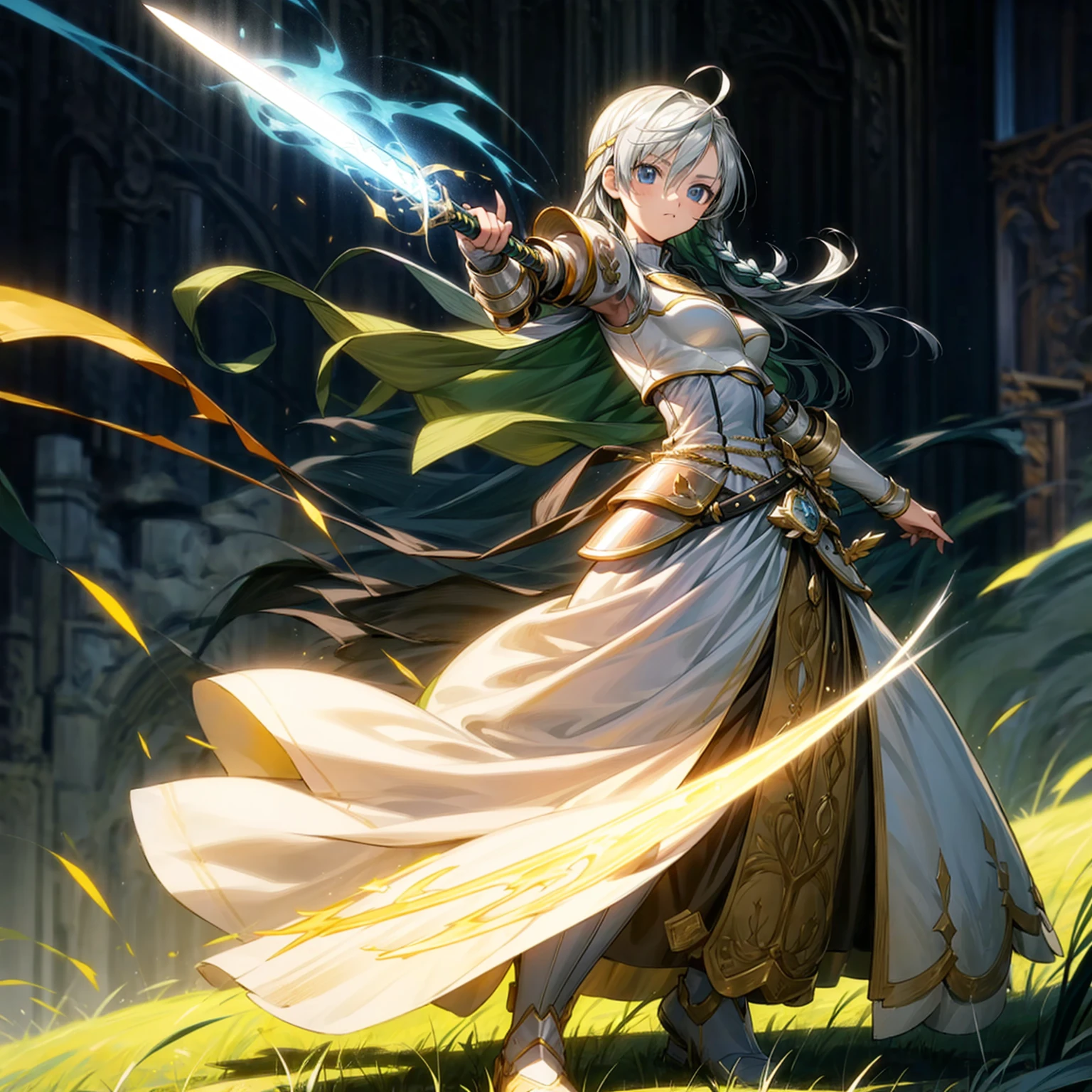 1girl, Full body version, 1character,  version, blue eyes color, long haircut, white and yellow colour hair, formal style clothing, medieval gold armour, one gold sword in hand, Grassroots, background in green field, motion blur, battle gesture, lighting sword, smoke, fire lighting, fire, masterpiece, (Hunter x Hunter style)