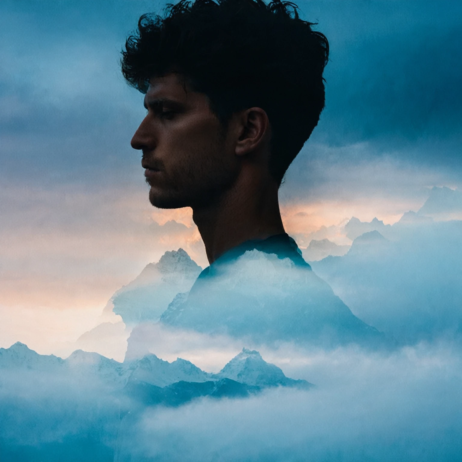 Double Exposure style of a man blended with a mountain